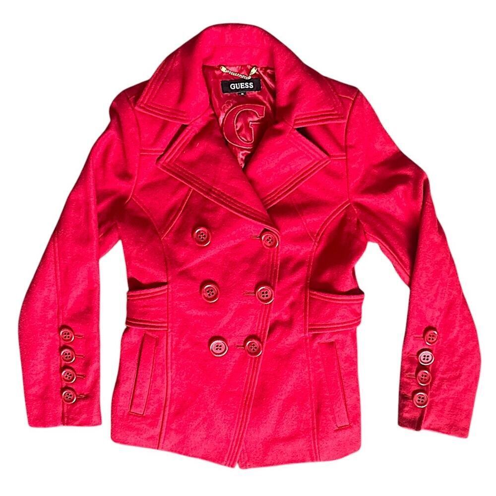 Guess Women's Medium Red Button Up Wool Blend Pea Coat